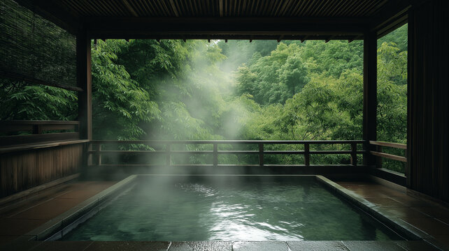 自然に囲まれた露天風呂 新緑の中で癒される日本の温泉風景