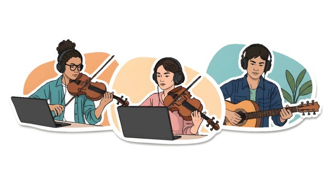 musician friends online learning with laptops and instruments