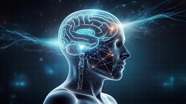 Human brain with glowing neural connections and digital network representing intelligence and neural science