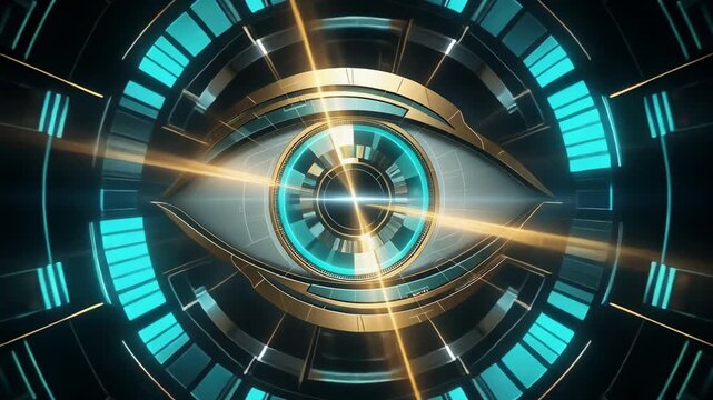 Abstract futuristic glowing eye with digital technology and cybernetic design in blue and gold colors