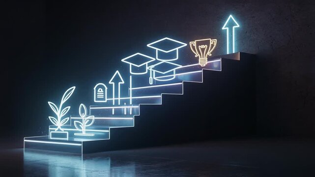 Conceptual illustration of career and education growth with glowing stairs and icons of plants, graduation caps, and trophy
