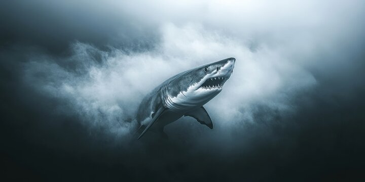 Grande tubar&atilde;o branco emergindo de uma n&eacute;voa misteriosa em &aacute;guas profundas e escuras do oceano, criando uma cena dram&aacute;tica e cinematogr&aacute;fica.