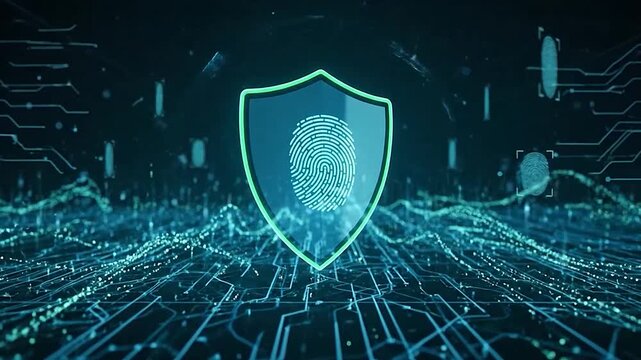 Digital shield with fingerprint symbolizes data security and protection