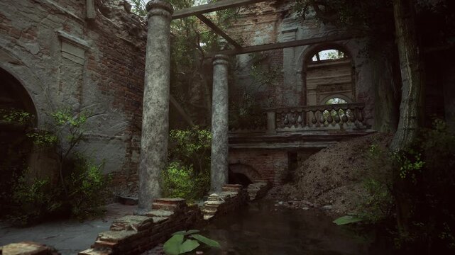 An old European mansion stands in ruins, with crumbling walls and overgrown vegetation. The remnants of ornate architecture can be seen amidst the encroaching nature, reflecting a forgotten past.