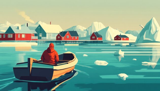 Vista panor&acirc;mica de um pescador solit&aacute;rio em seu barco atravessando o mar &aacute;rtico com blocos de gelo e vilarejo escandinavo ao fundo.