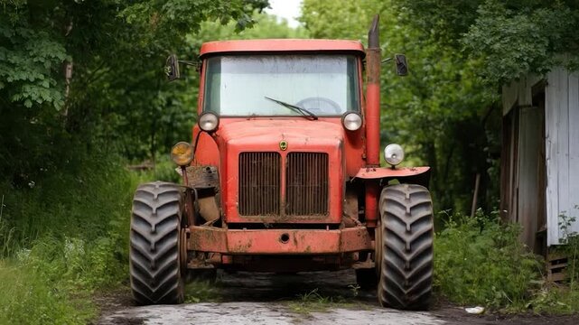 Front-view of a weathered, red tractor on a dirt road, framed by foliage. Features large tires