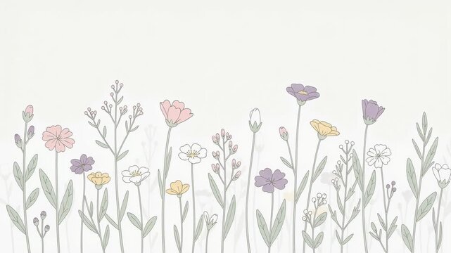 Delicate pastel wildflowers seamless pattern with soft floral and leaf elements on light background