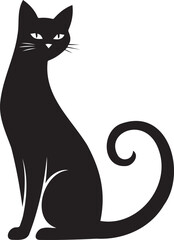 Fototapeta premium Sleek black cat silhouette sitting in elegant side profile with curled tail and sharp eyes isolated on white background for pet shop logo animal welfare veterinary clinic graphic design