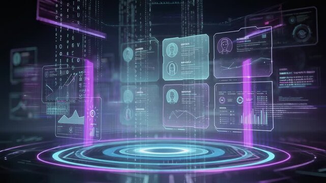 Futuristic holographic interface with data visualization and digital analytics dashboard in blue and purple tones
