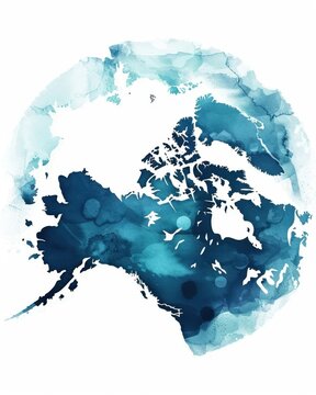 Ilustra&ccedil;&atilde;o criativa do mapa da Am&eacute;rica do Norte com Alasca e Canad&aacute; em tons de azul aquarela, ideal para fundo de cartografia e turismo global.