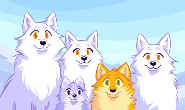Ilustra&ccedil;&atilde;o digital de uma matilha de lobos fofos em estilo cartoon com pelagem branca, laranja e roxa sorrindo em um cen&aacute;rio de inverno &aacute;rtico.