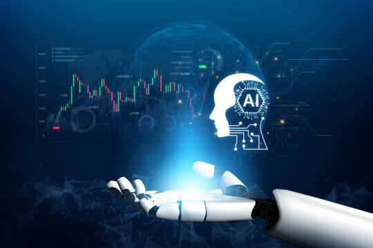 Futuristic financial technology concept features automated robot trader, quantitative analytics, and real-time stock market graph. Represents high frequency trading HFT and wealth management. Corpus