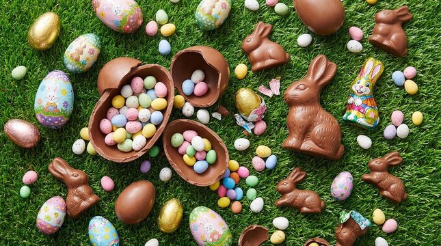 Happy Easter festive celebration with colorful decorated eggs and chocolate bunnies on green grass