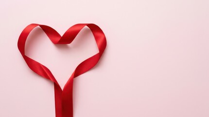 Red Ribbon Heart Shape on Soft Pink Background