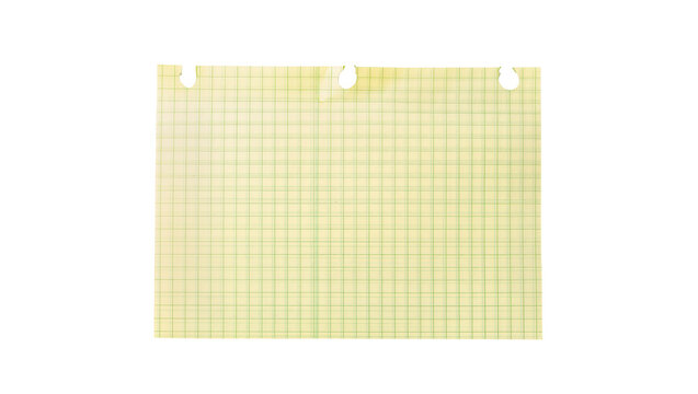 Blank yellow graph paper with green grid lines and three punched holes, isolated on transparent background, perfect for school supplies and design elements PNG