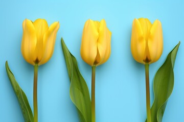 Fototapeta premium Yellow tulips arranged in a row with green leaves on a blue background in a simple setting