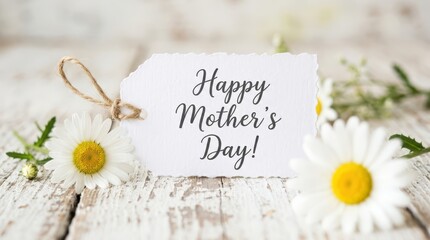 Obraz premium Happy Mother's Day tag with daisies and wooden background