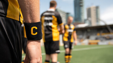 Fototapeta premium Close-up of a soccer team captain's arm with a black armband and a yellow letter 'C' on a green field