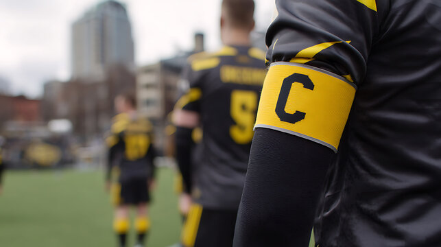 Athlete with Captain Armband, Team Leader on Field, Sports Competition, Focus on Leadership, Unity, and Strategic Play in Outdoor Game