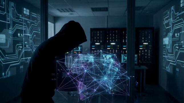 Dark Hooded Figure and Abstract Glowing Plexus Visualizations in a Server Rack Environment