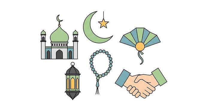 Collection of stylized vector illustrations, featuring a mosque, crescent moon, fan, prayer beads, lantern, and handshake. Depicting themes of faith, culture, and unity