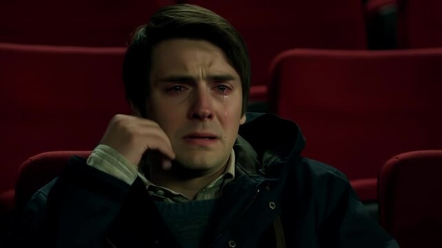 Man in cinema crying emotionally, film reaction, tears streaming, movie theatre scene, watching movie.