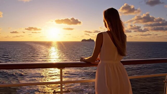 Woman in white dress gazes at sunset over ocean from cruise ship balcony, with warm sunlight reflecting on water and clouds scattered in the sky