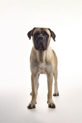 Obraz premium Bulldog stands on a plain background during a photo session in a studio setting in the afternoon light