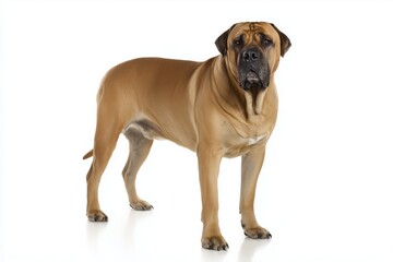 Fototapeta premium Bullmastiff stands still on a white background while looking directly at the camera during a photo shoot in a studio setting