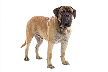 Obraz premium Large dog stands with calm posture on a plain white background and waits for interaction or playtime with people nearby