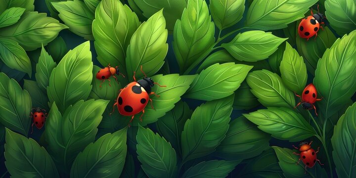 Ilustra&ccedil;&atilde;o digital detalhada de joaninhas vermelhas caminhando sobre folhas verdes vibrantes em um jardim ensolarado e cheio de vida.