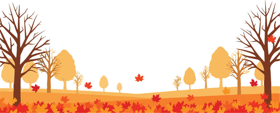 Autumn park landscape with bare trees falling red maple leaves orange hills and yellow foliage on transparent background