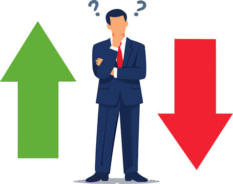 Man in a suit thinking, choosing a direction, having doubt, or deciding between options