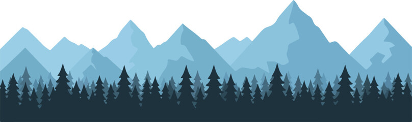 Blue mountain range and pine forest silhouette landscape with panoramic view on transparent background for nature poster © MDMUKTADIR