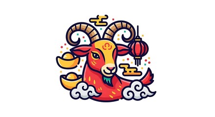 Fototapeta premium Colorful illustrated goat, adorned with gold ingots and a lantern, set against a pristine white background. Spirals and clouds add decorative elements