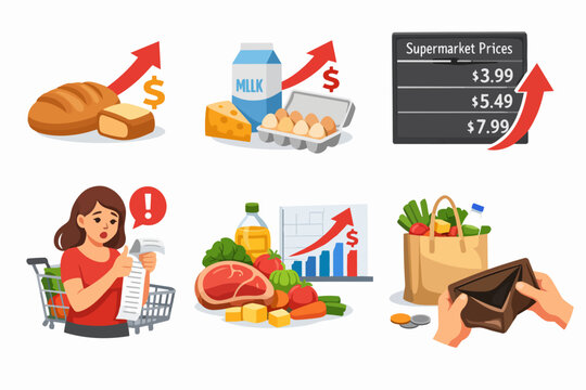 Rising food prices concept with consumer seeing expensive grocery bill and empty wallet
