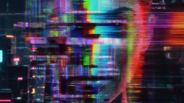 Futuristic digital human face with vibrant neon circuit patterns and cyber technology background