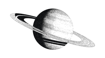 A stippled illustration of the planet saturn with its distinctive ring system isolated on white background © Saharia