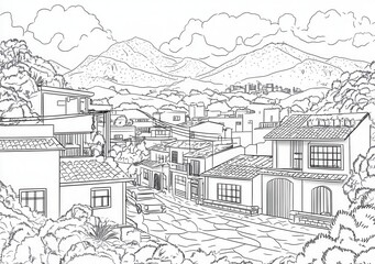 Fototapeta premium Ilustração em preto e branco de um vilarejo tranquilo cercado por montanhas majestosas e árvores, ideal para atividades de colorir e relaxamento.