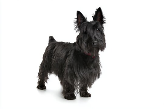 Scotty dog stands on a white background looking curiously at the camera during a studio shoot
