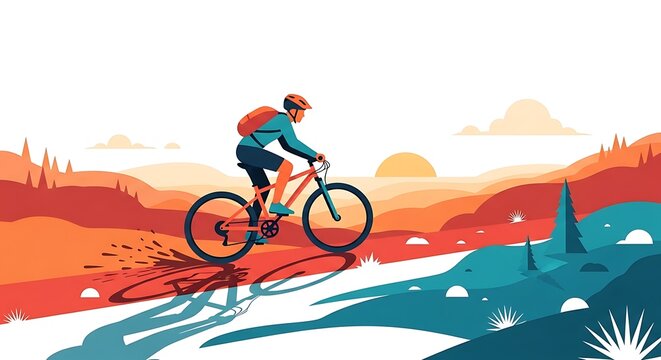 A cyclist in motion rides a mountain bike on a trail through a vibrant sunset landscape of hills and trees