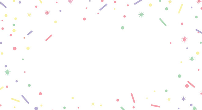 Colorful sprinkles and confetti frame with pastel geometric shapes and stars scattered over transparent grid background