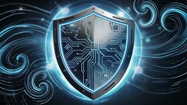 Futuristic digital shield with circuit board design representing cybersecurity and data protection concept