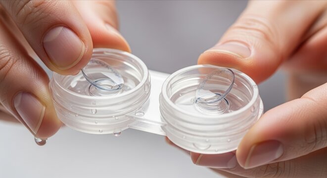 Close-Up View of Contact Lens Case with Droplets and Clean Lenses