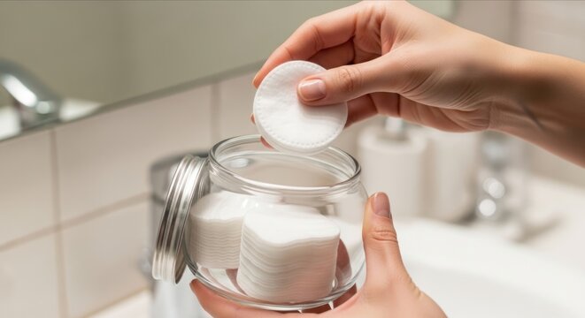 Hand Reaching for Cotton Pads in a Modern Bathroom Setting