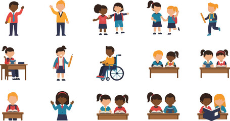Fototapeta premium Diverse school children collection featuring students learning sitting at desks using wheelchair and reading books together