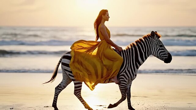 Woman in yellow dress rides zebra along the beach at sunset, with waves gently crashing in the background and warm sunlight illuminating the scene