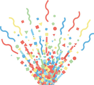 Dynamic colorful confetti explosion with geometric shapes and streamers bursting upwards from center on checkered ground