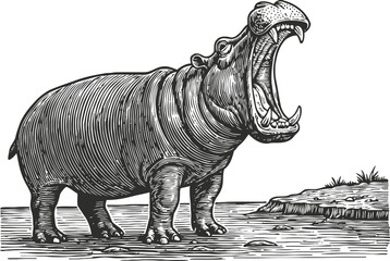 Fototapeta premium Detailed engraving of a roaring hippopotamus standing near the water edge with open mouth wide