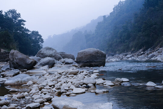 Tinaau River of Nepal through the mountains. Landscape view.